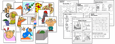 Worksheets and flashcards from ESL KidStuff